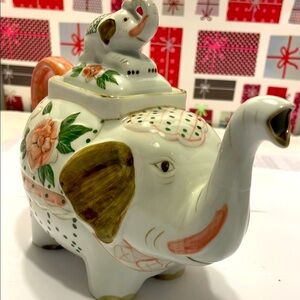 Chinoiserie Elephant Ceramic Teapot with Baby Elephant with Floral Design